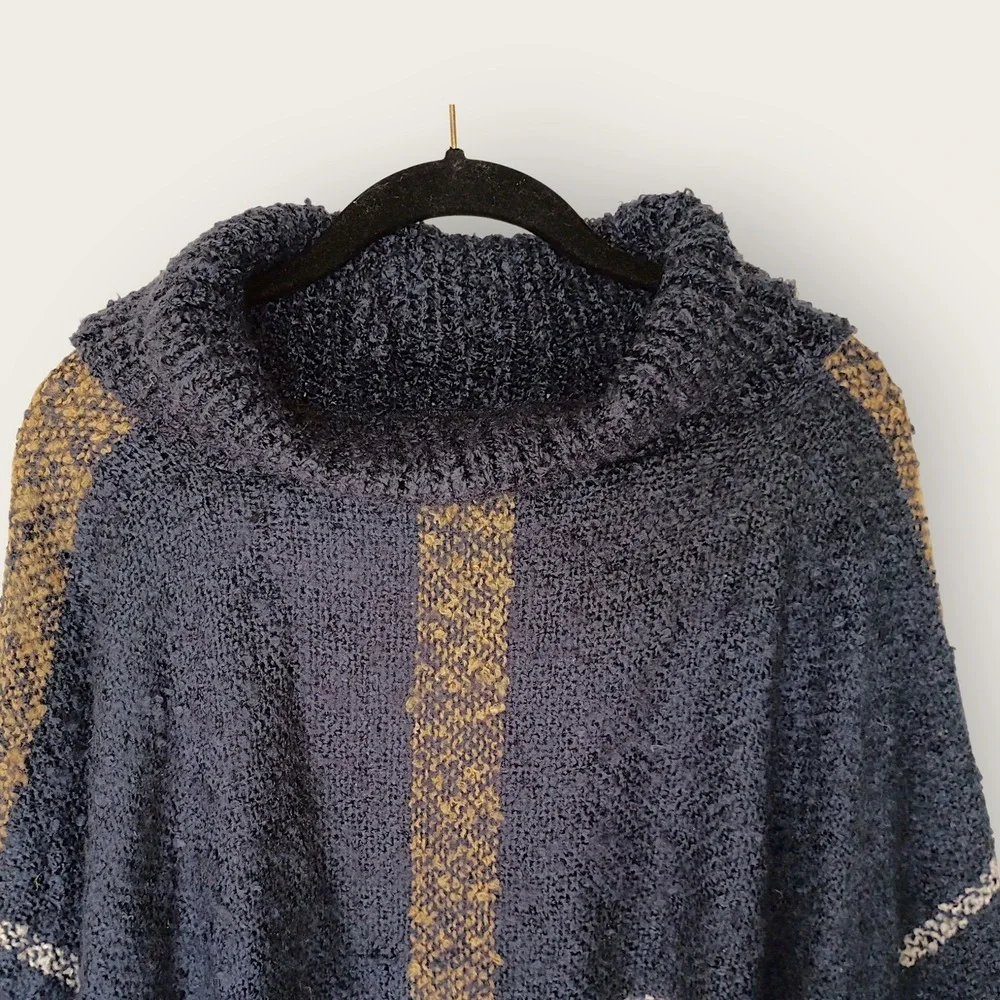 World Market Plaid Cowl Neck Fringe Poncho Navy Mustard Women One‎ Size